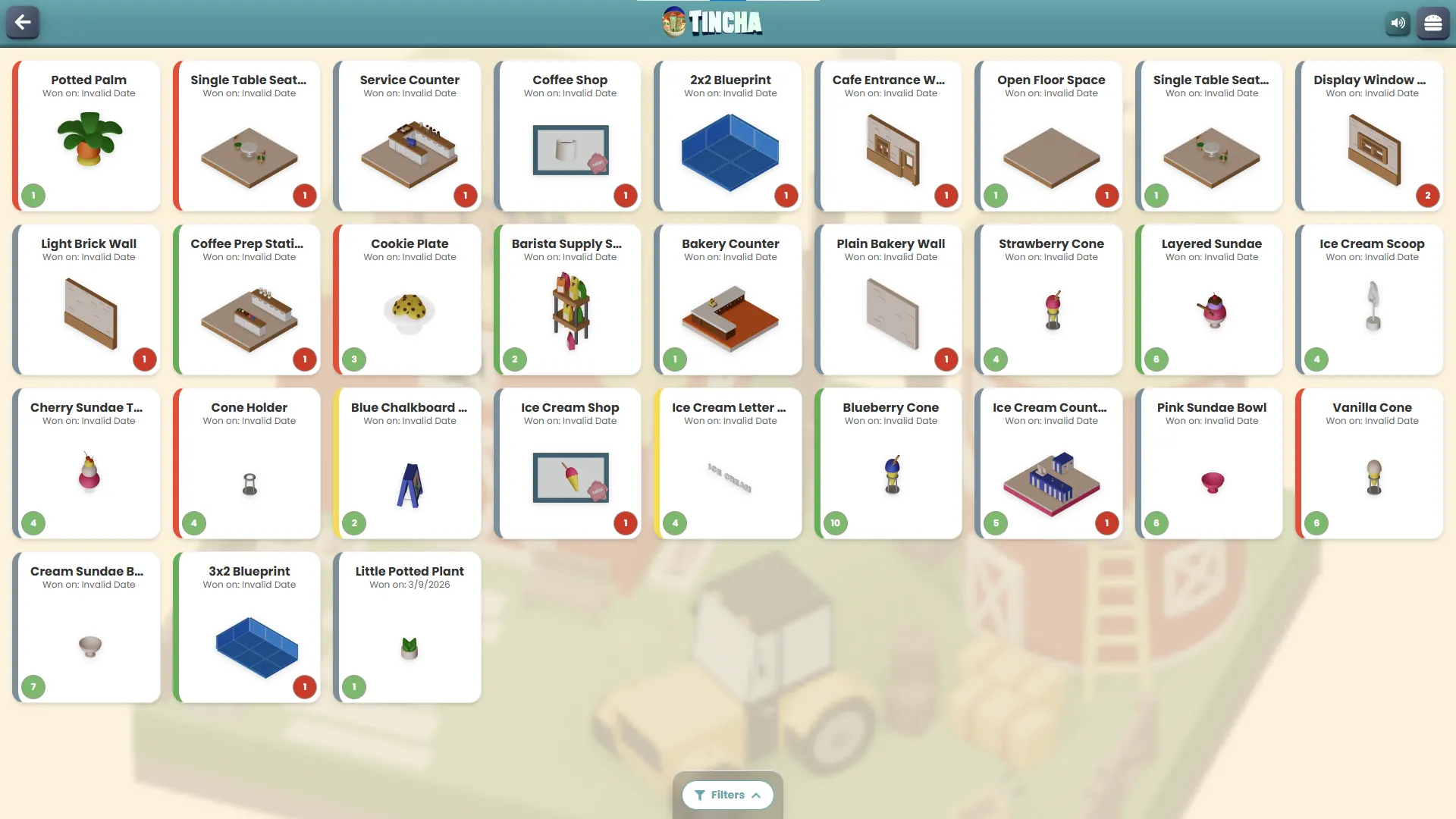 Inventory of items won from prize machines